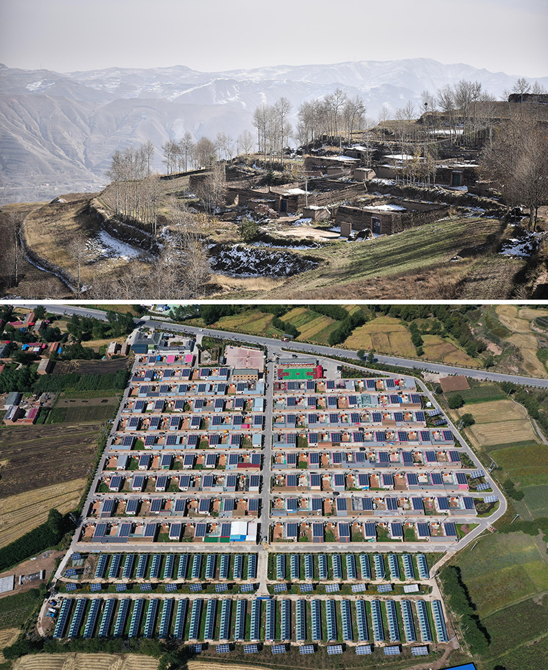 上图：2016年11月拍摄的脱贫前的互助县班彦村村貌。下图：2019年9月拍摄的互助县班彦新村村貌。