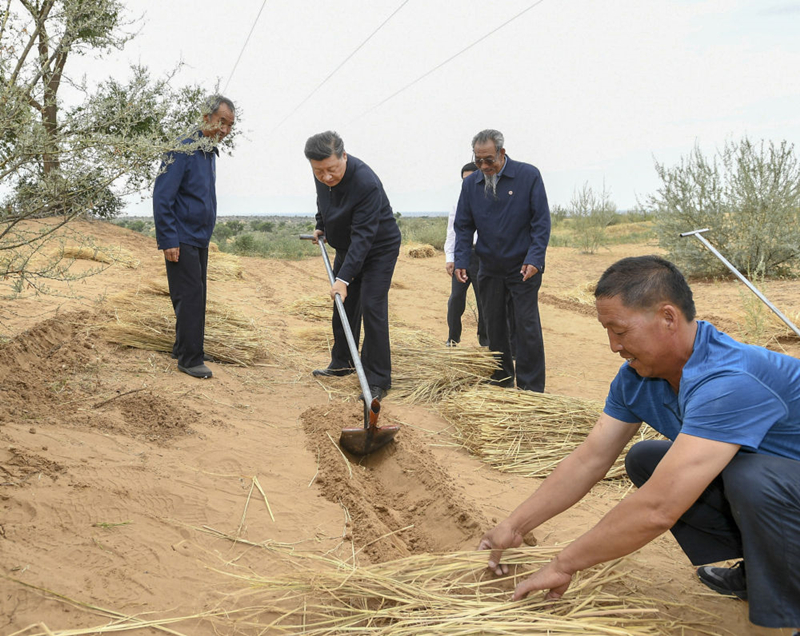 2019年8月21日，习近平总书记在甘肃武威市古浪县八步沙林场，和林场职工一起翻沙开沟。